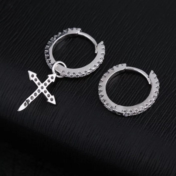 DIAMOND 925 SILVER CROSS PENDANT HOOP EARRINGS, NICE EARRINGS, CUTE EARRINGS - Picture 5 of 5
